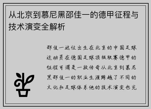 从北京到慕尼黑邵佳一的德甲征程与技术演变全解析