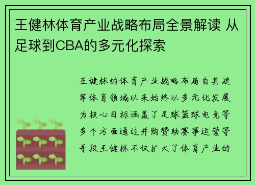 王健林体育产业战略布局全景解读 从足球到CBA的多元化探索